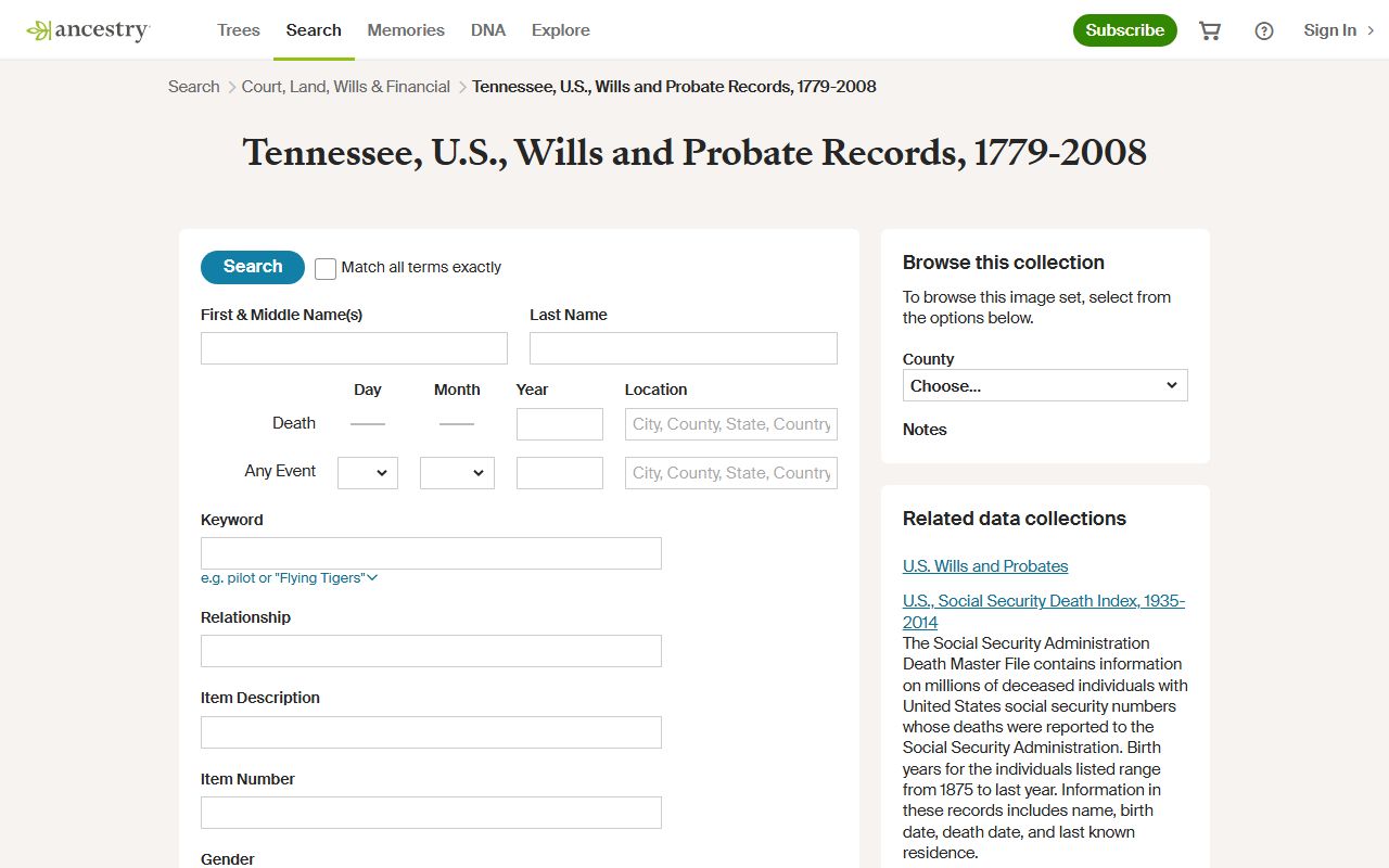 Tennessee Probate Court Records collection available through Ancestry